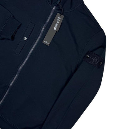 Stone Island navy blue knit full zip jumper with ghost logo and cotton blend material.
