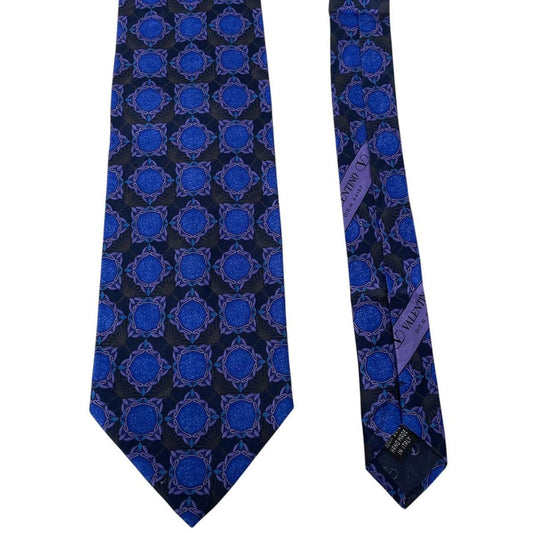 Vintage Valentino Purple and Navy Blue Geometric Print Silk Tie