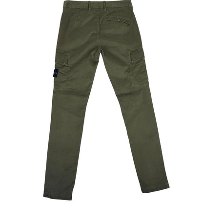 Stone Island khaki green skinny fit cargo trousers with logo patch and pockets.