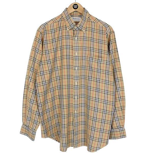 Vintage 90s Burberry Tan Brown Nova Check Long Sleeve Cotton Shirt