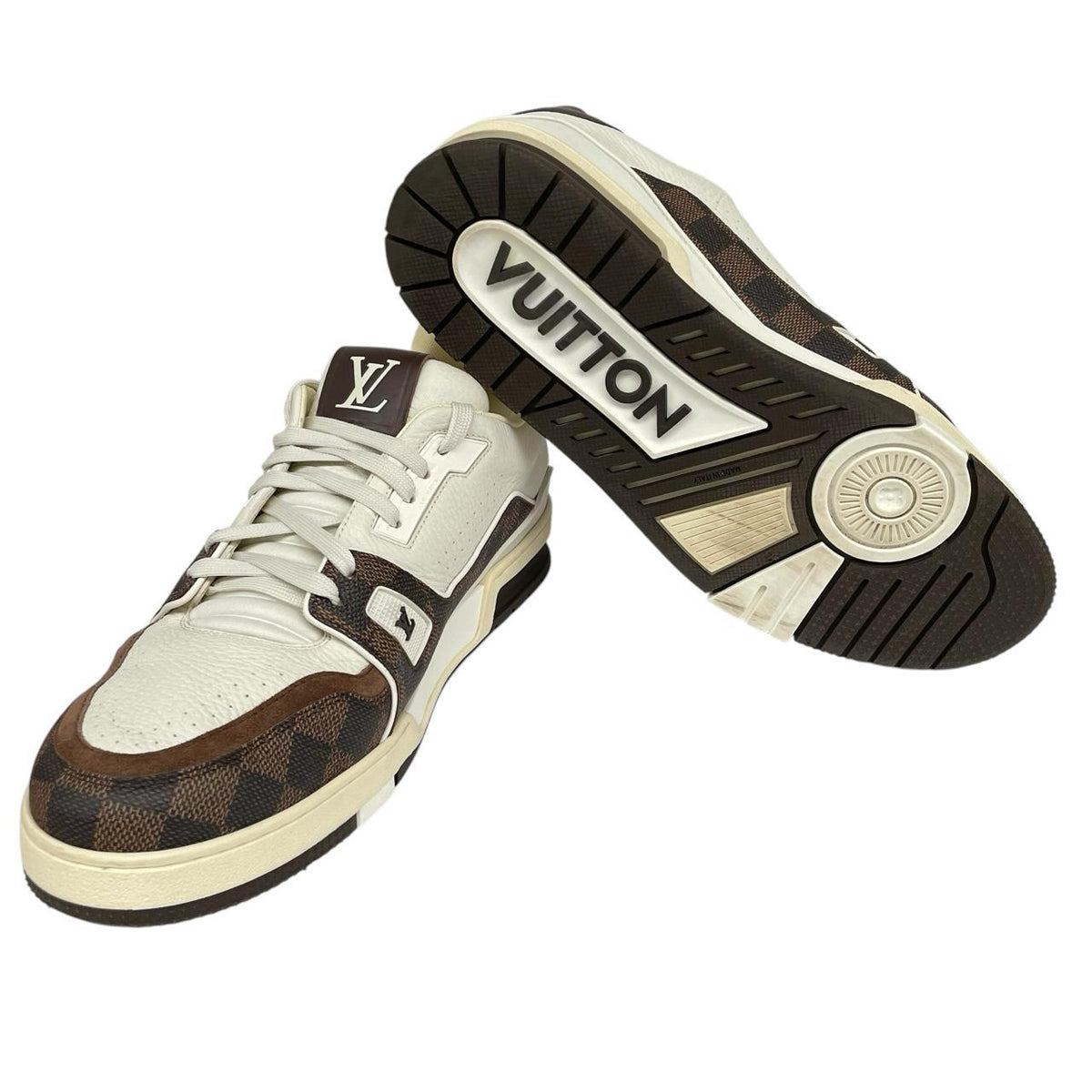 Louis Vuitton trainers white and moka brown Damier Ebene leather with logo detail.