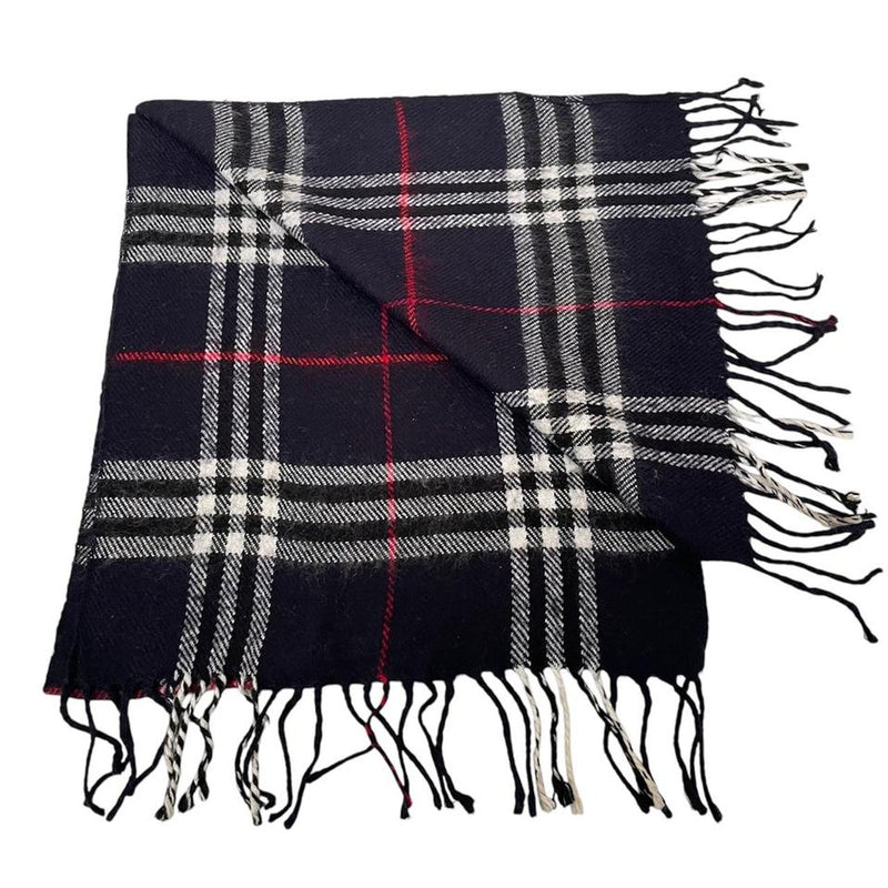 Vintage 90s Burberry Navy Blue Nova Check Lambswool Scarf