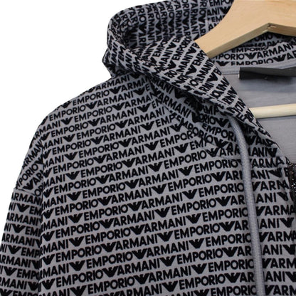 Emporio Armani black and grey hoodie with full zip and logo print design.