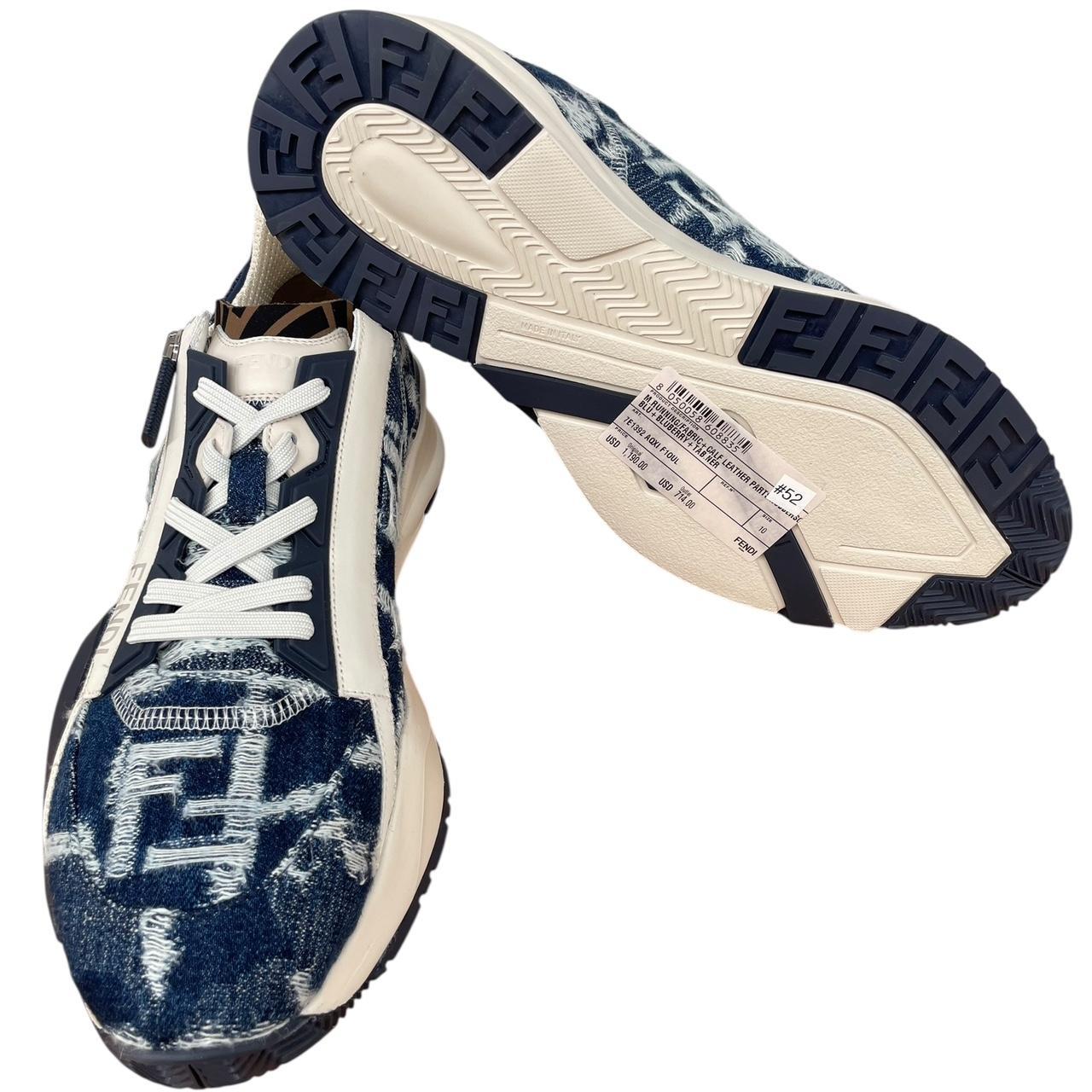 Fendi Flow Navy Blue and Cream Fabric and Leather Trainers
