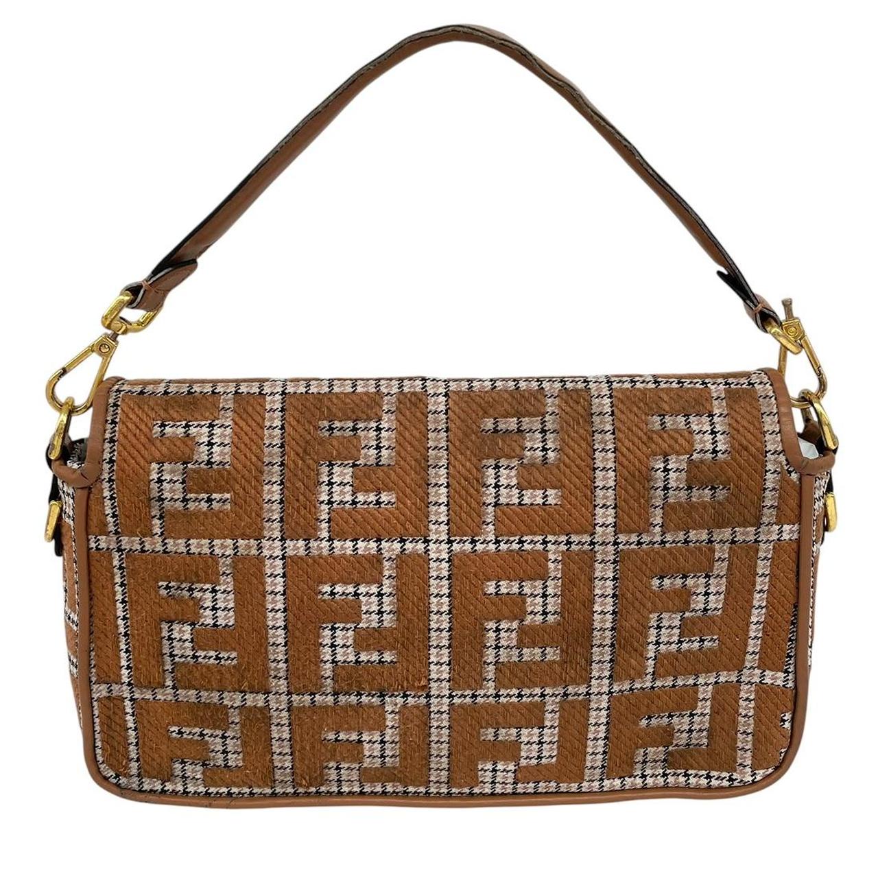 Fendi brown check duffel bag with logo detail and minor wear.