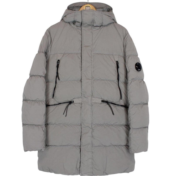 CP Company Grey Nycra-R Full Zip Lens Down Hooded Puffer Coat