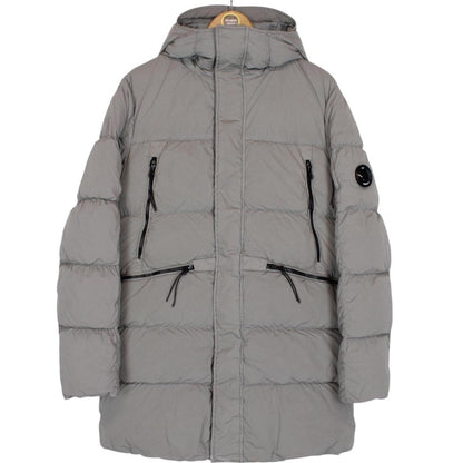 CP Company Grey Nycra-R Full Zip Lens Down Hooded Puffer Coat