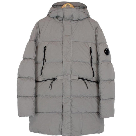 CP Company Grey Nycra-R Full Zip Lens Down Hooded Puffer Coat
