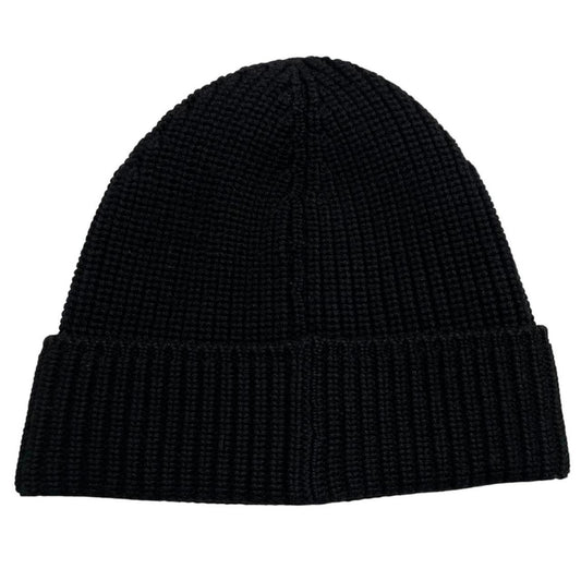 Canada Goose black ribbed wool beanie hat with logo patch on front.