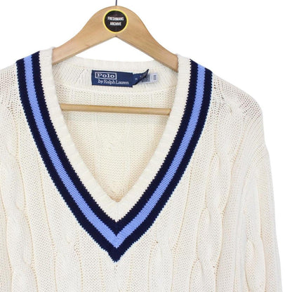 Polo Ralph Lauren Cream and Blue The Iconic Cricket Cotton Cable Knit Jumper