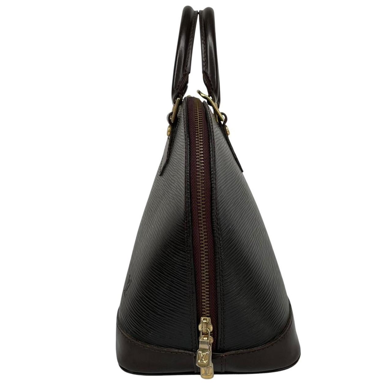 Louis Vuitton black Epi leather duffel bag with iconic logo and structured design.
