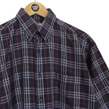 Vintage 90s Burberry Navy Blue Nova Check Short Sleeve Cotton Shirt