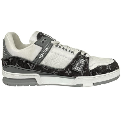 Louis Vuitton grey and white trainers with monogram pattern and leather accents.