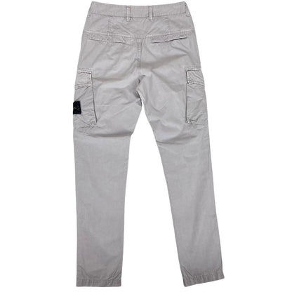 Stone Island grey cargo trousers with logo patch and slim fit design.
