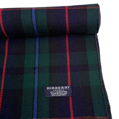Vintage 90s Burberry Navy Blue and Green Check Lambswool Scarf