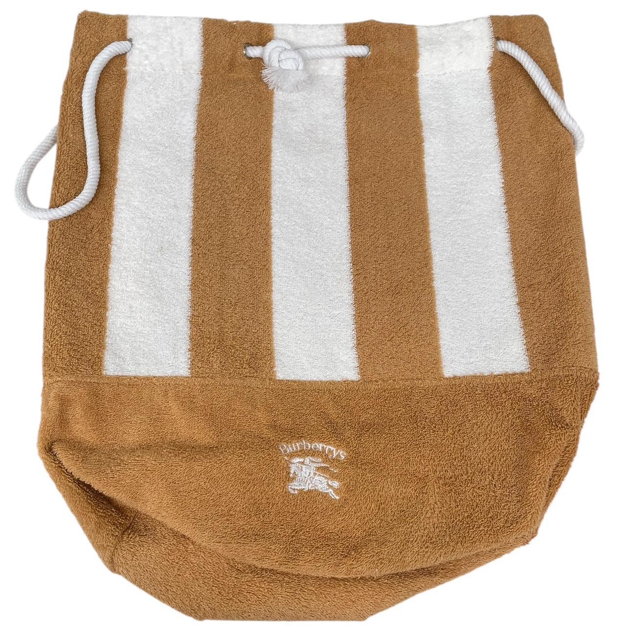 Vintage 90s Burberry Tan and White Striped Towelling Cotton Beach Bag