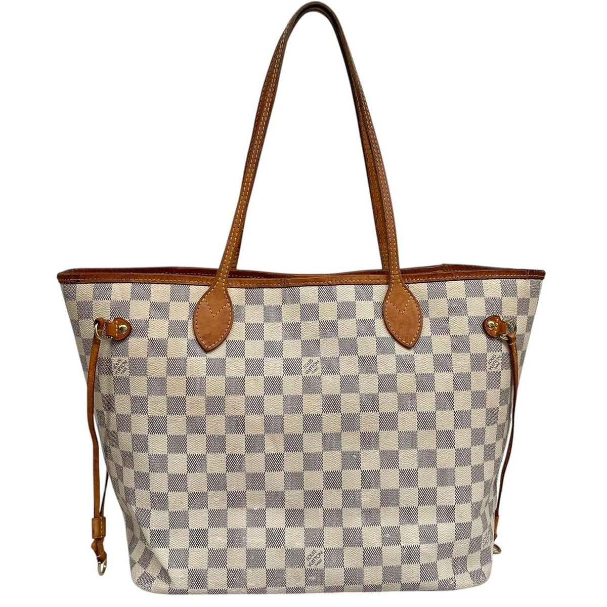 Louis Vuitton cream Damier Azur tote bag with leather trim and logo pattern.