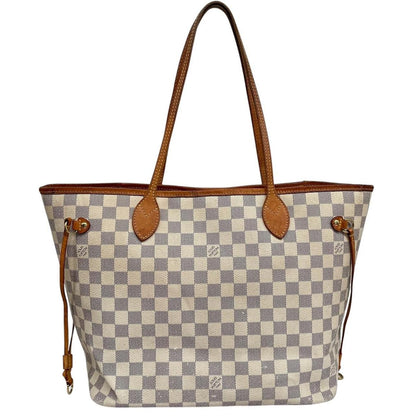 Louis Vuitton cream Damier Azur tote bag with leather trim and logo pattern.