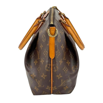 Louis Vuitton brown messenger bag with monogram canvas and leather trim details.