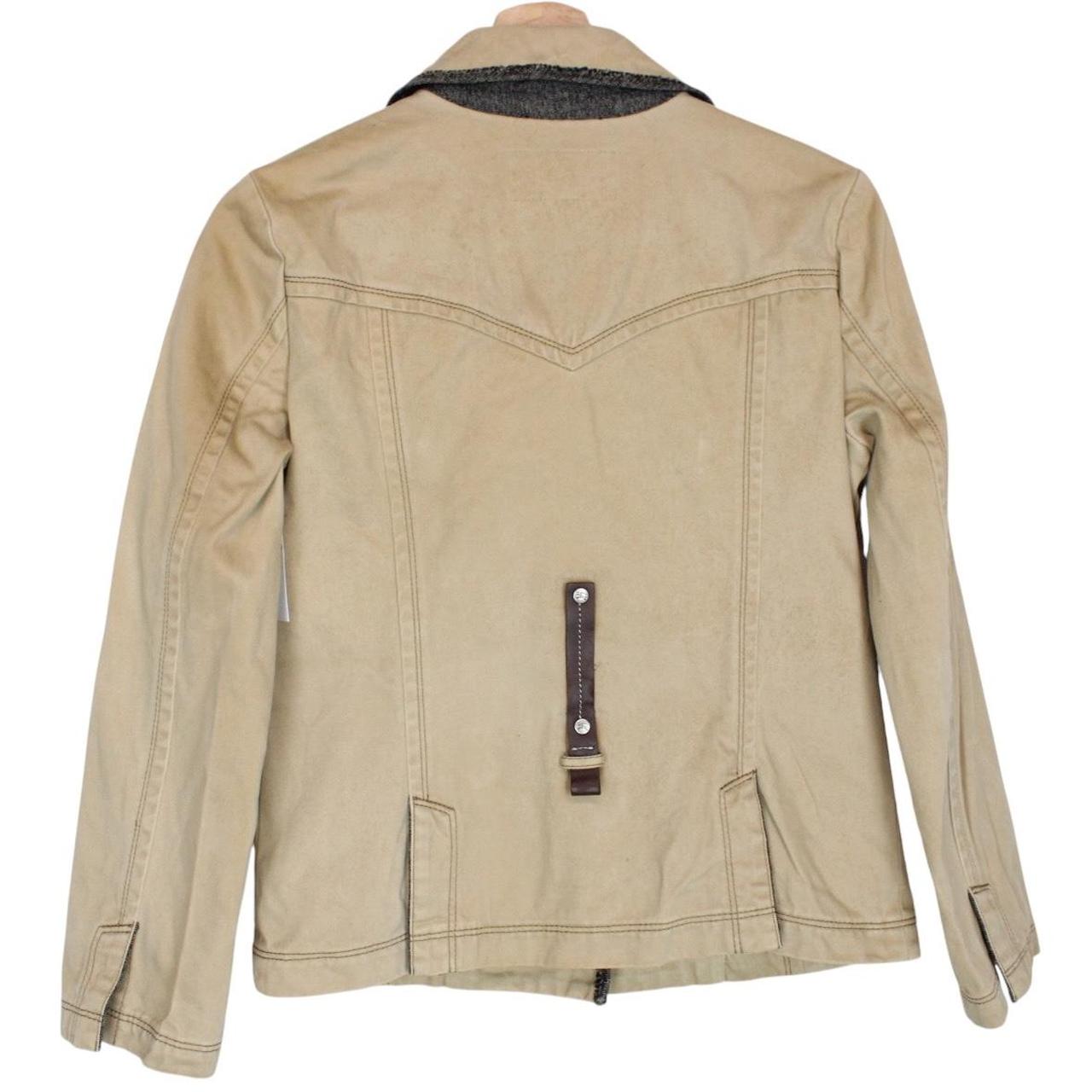 Burberry tan brown denim jacket with logo patch and visible stains, vintage style.