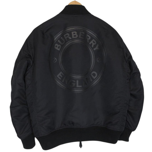 Burberry Black Logo Print Full Zip Nylon Bomber Jacket