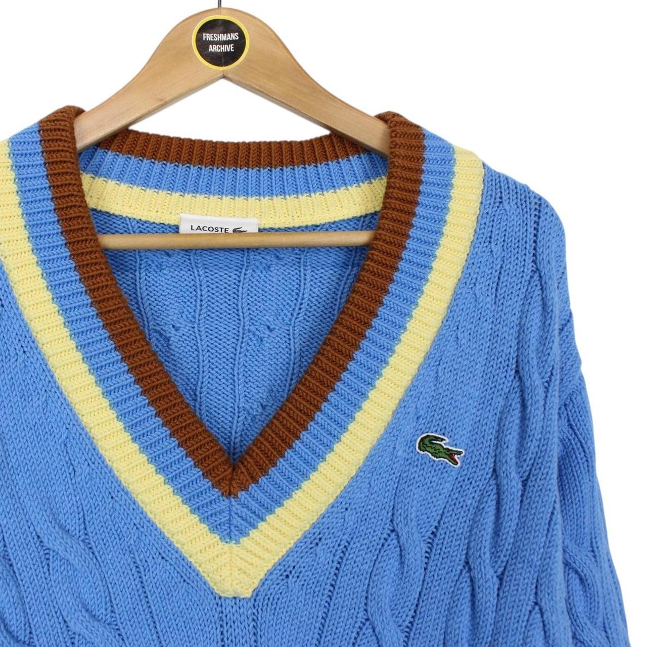 Lacoste Blue Wool Blend Cable Knit V-Neck Sweater Jumper