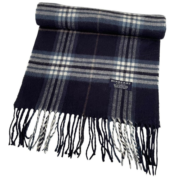 Vintage 90s Burberry Navy Blue Check Lambswool Scarf