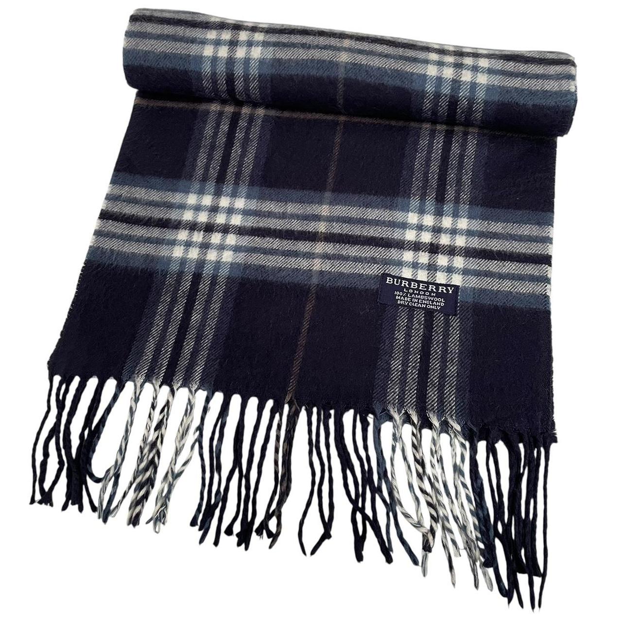 Vintage 90s Burberry Navy Blue Check Lambswool Scarf