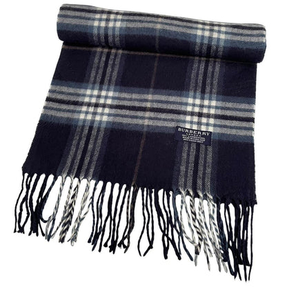Vintage 90s Burberry Navy Blue Check Lambswool Scarf