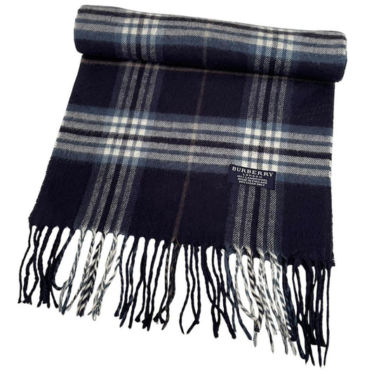 Vintage 90s Burberry Navy Blue Check Lambswool Scarf