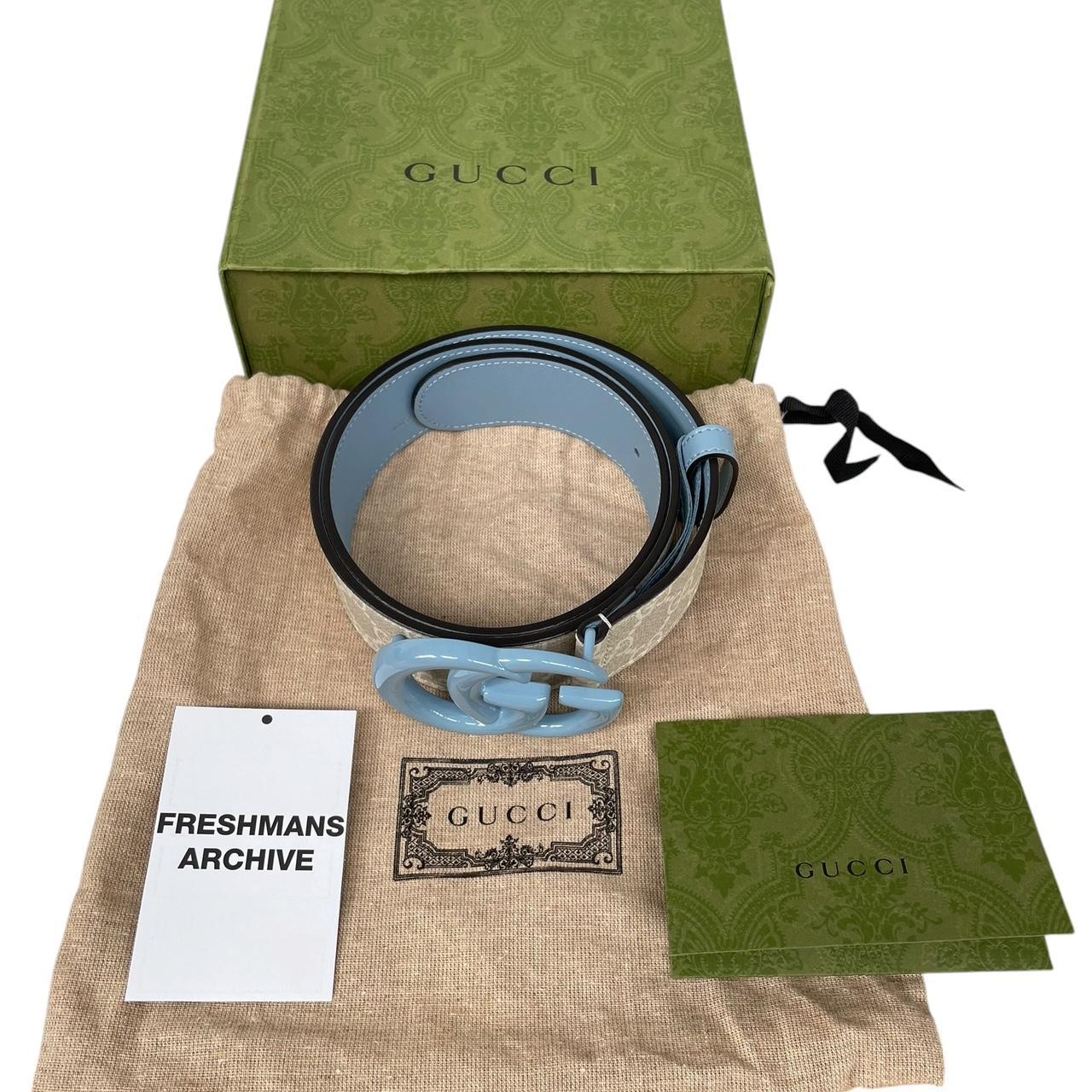 Gucci Beige and Light Blue GG Monogram Marmont Wide Leather Belt