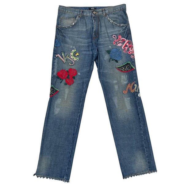 Vintage Versace Jeans Couture Blue and Multicoloured Embroidered Jeans