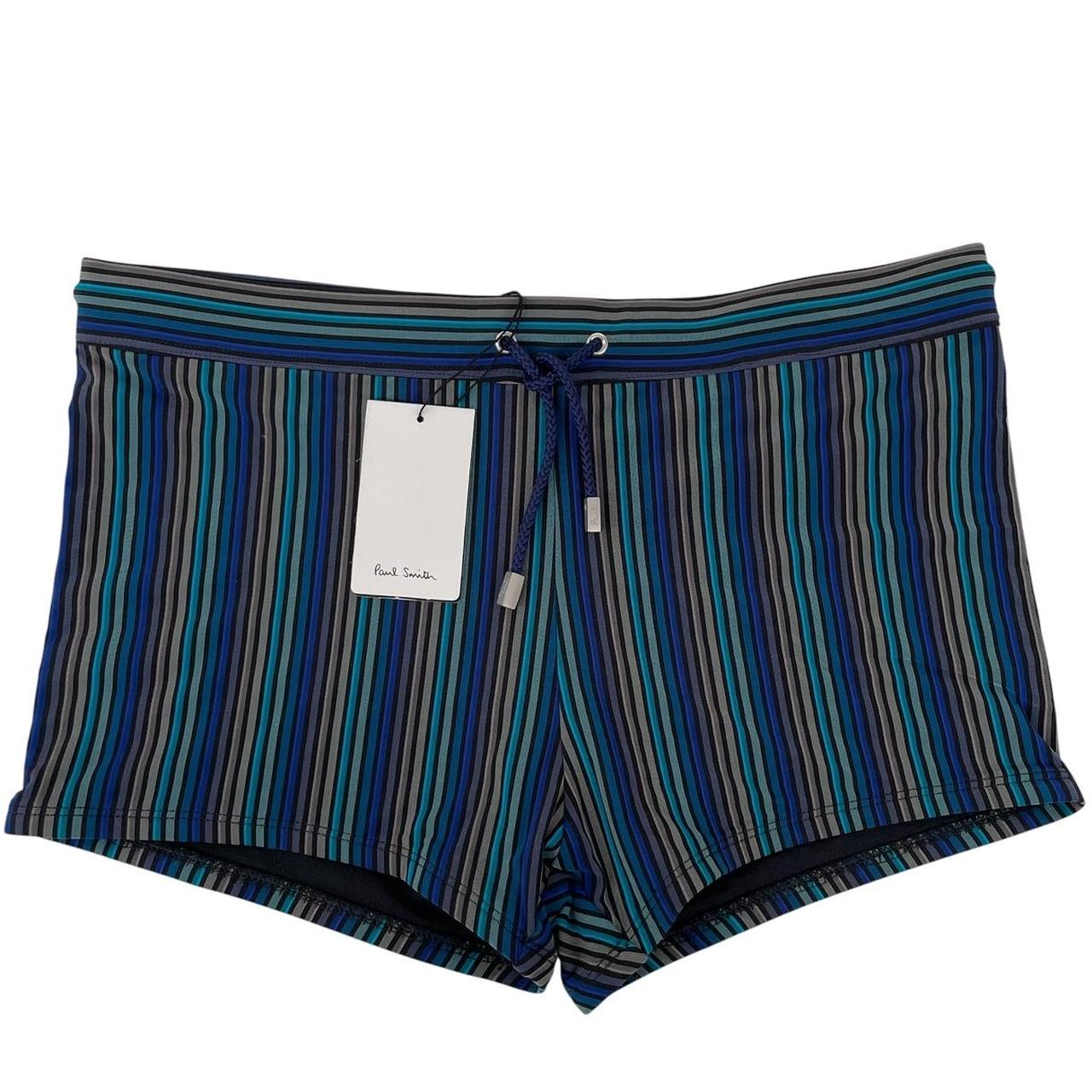 Paul Smith multicoloured striped swim shorts with brand logo and new with tags.