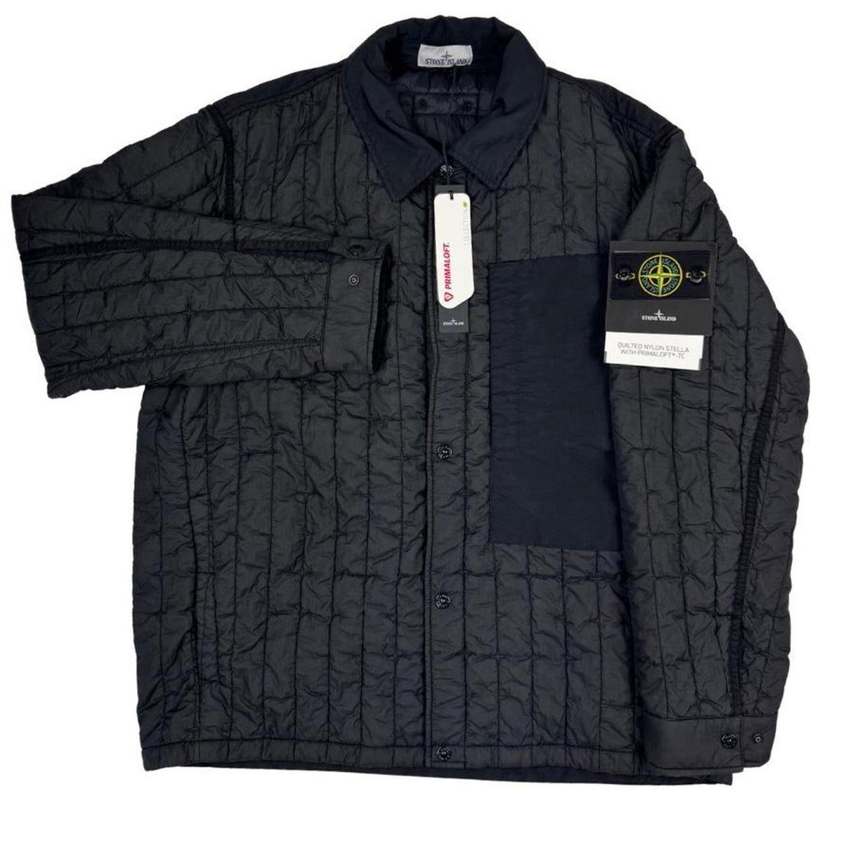 Stone Island black quilted nylon jacket with logo badge and Primaloft-TC material.