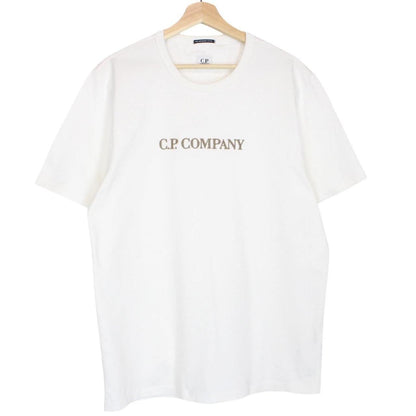 CP Company white pocket t-shirt with embroidered logo and mercerized cotton fabric.