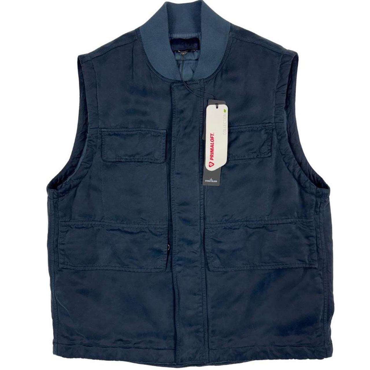 Stone Island navy blue vest jacket with logo patch and Primaloft material.