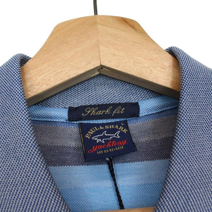 Paul & Shark blue and grey striped short sleeve cotton pique polo shirt with logo.