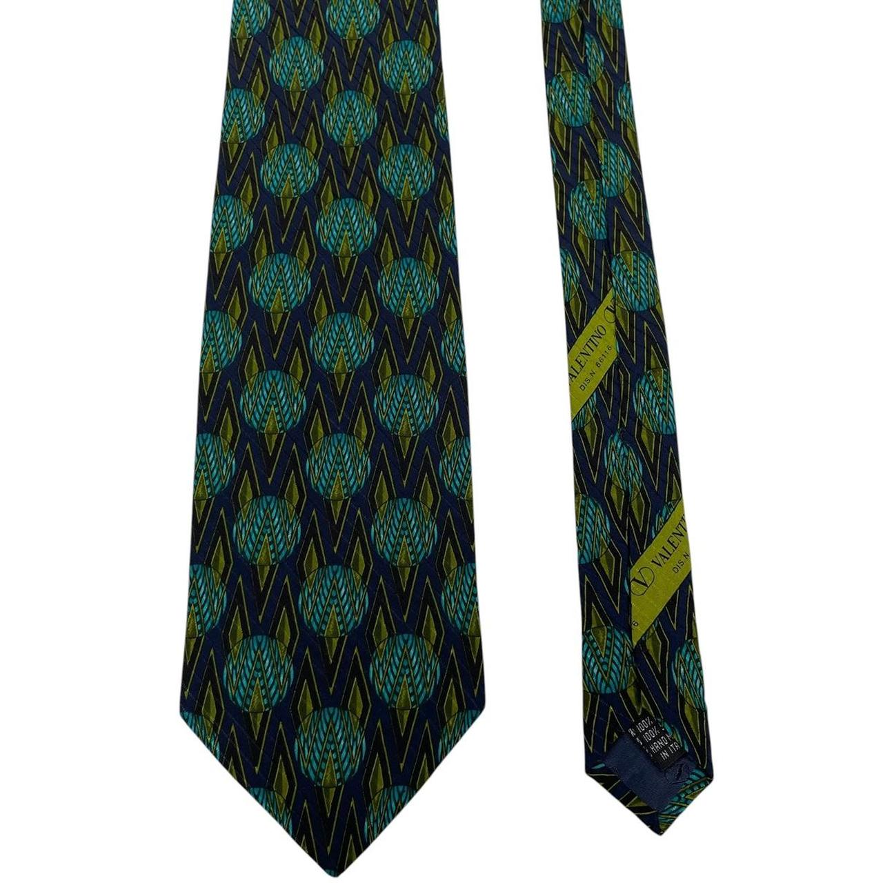 Vintage Valentino Green and Navy Blue Geometric Pattern Silk Tie