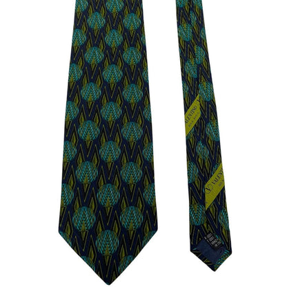 Vintage Valentino Green and Navy Blue Geometric Pattern Silk Tie
