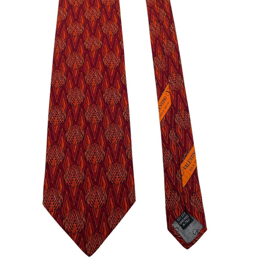 Vintage Valentino Red and Orange Geometric Pattern Silk Tie