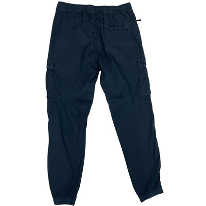 Stone Island navy blue cargo trousers with logo patch and multiple pockets.