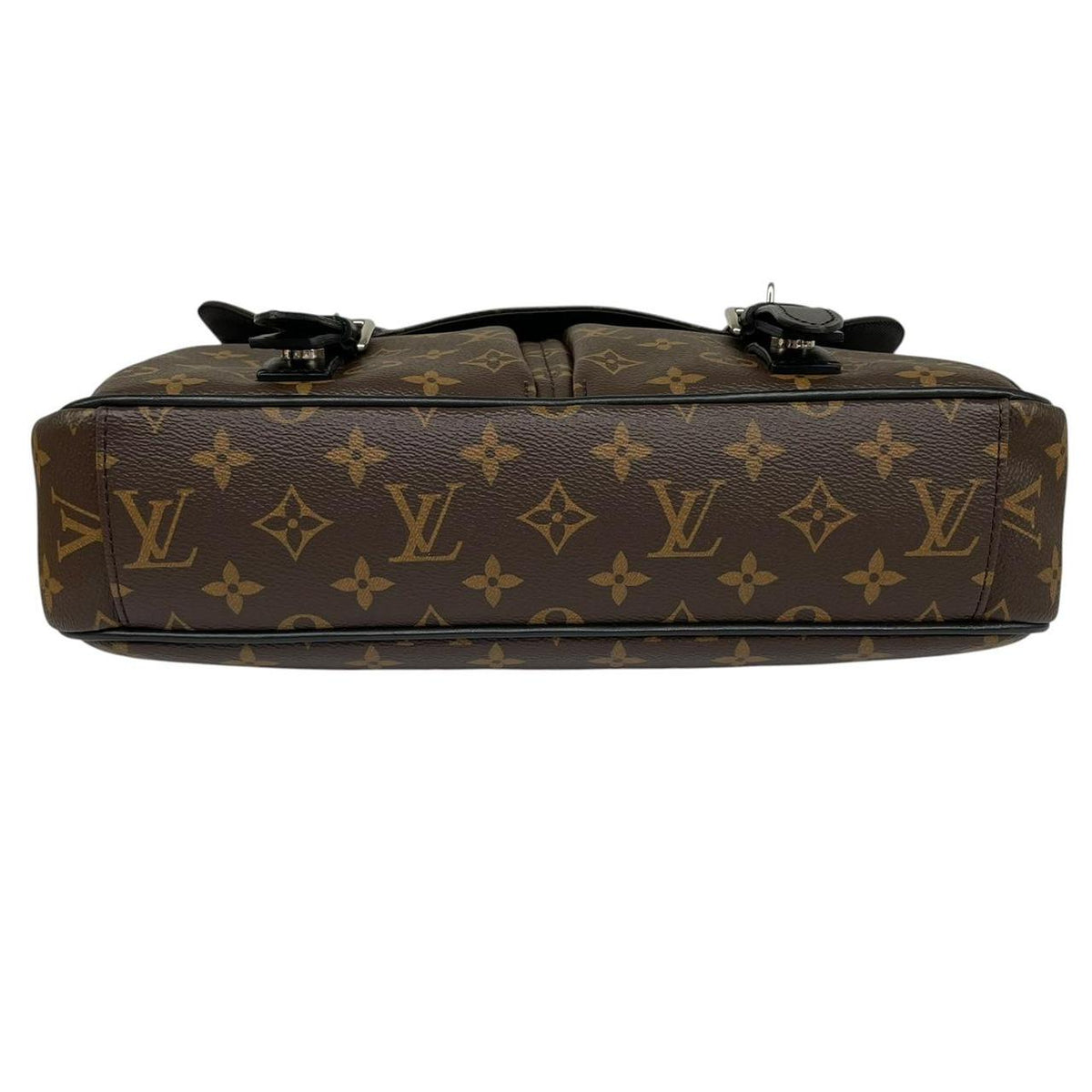 Louis Vuitton brown canvas messenger bag with monogram pattern and silver hardware.