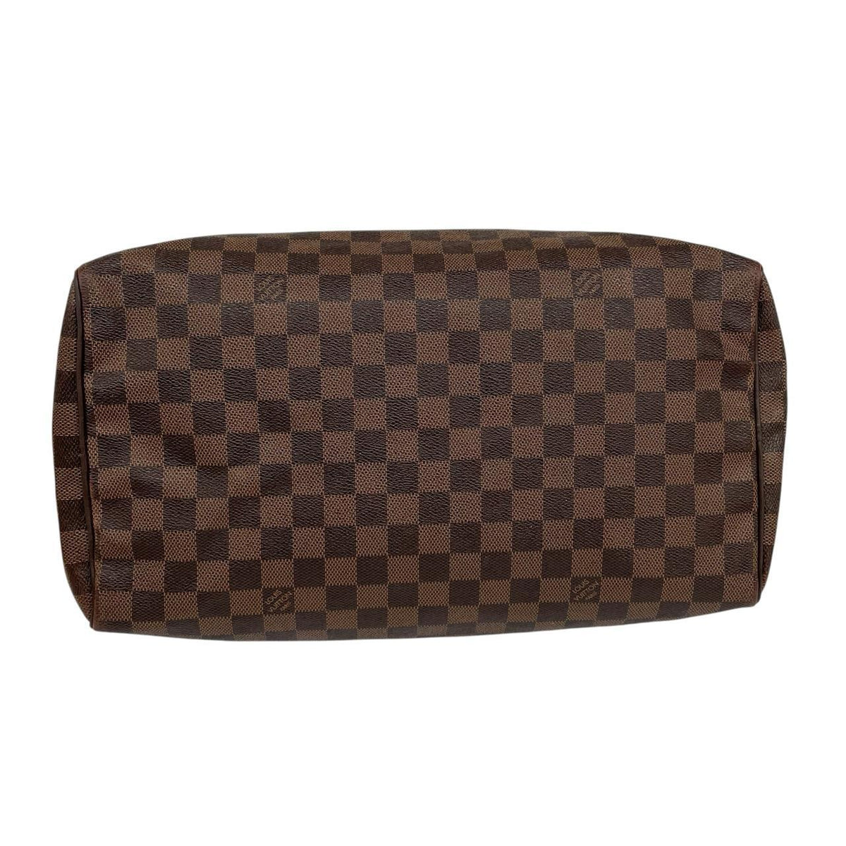 Louis Vuitton brown Damier Ebene canvas Speedy 35 bag with logo and gold-tone hardware.