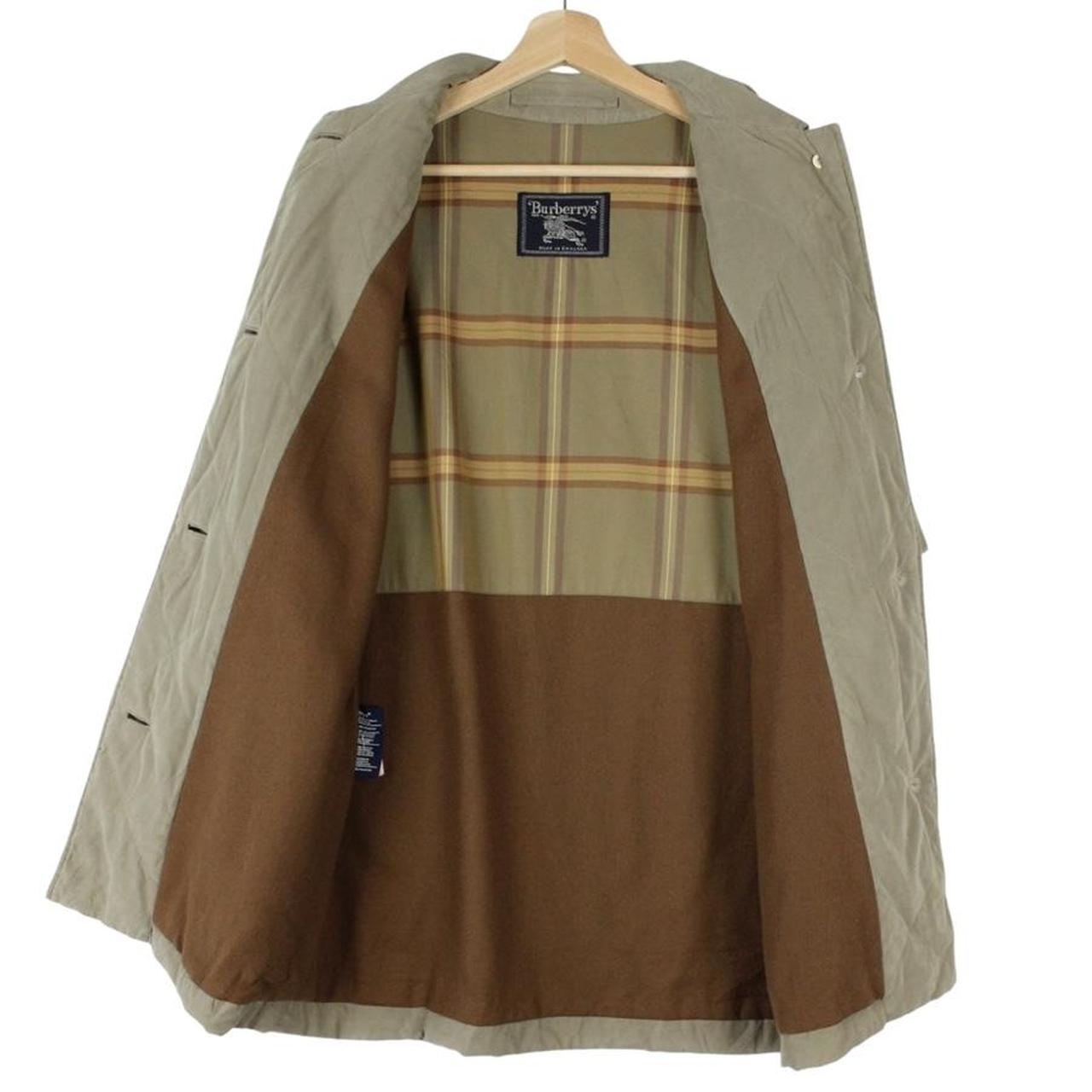 Burberry khaki green quilted coat with wool lining and classic logo detail.