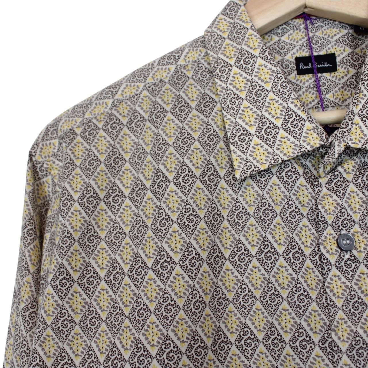 Paul Smith cream formal shirt with multicoloured abstract pattern and long sleeves.