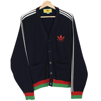 Gucci x Adidas navy blue cardigan jumper with logo detailing and soft viscose material.