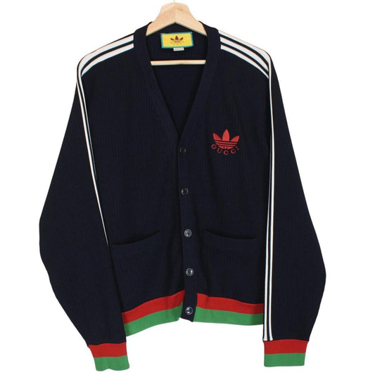 Gucci x Adidas navy blue cardigan jumper with logo detailing and soft viscose material.