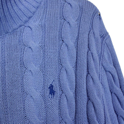 Polo Ralph Lauren blue cotton cable knit jumper with 1/4 zip and embroidered logo.