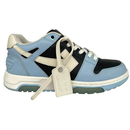Off-White low top trainers in light blue and black with leather material and logo detail.