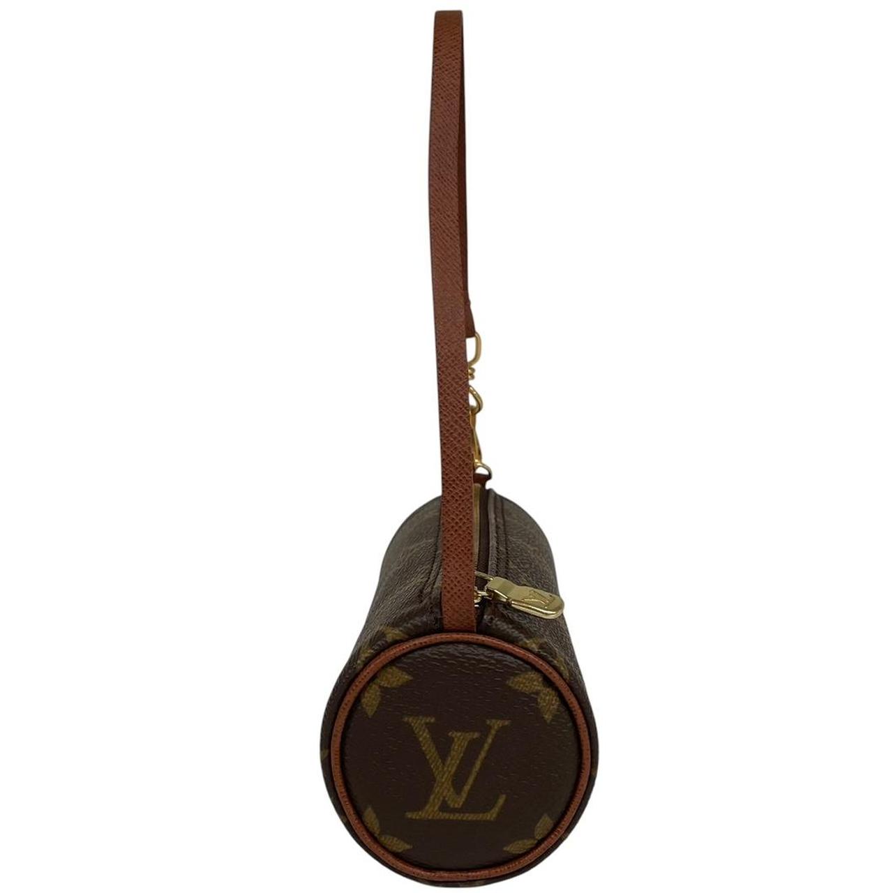 Louis Vuitton brown and tan duffel bag with monogram canvas and logo details.